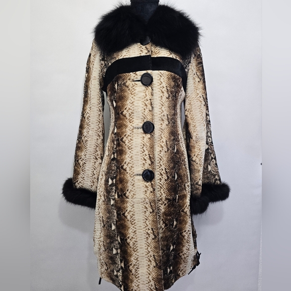 Marko Rossini Jackets & Blazers - Genuine Kangaroo Suede Leather Coat Fox Fur Collar Snake Print Women Size 42